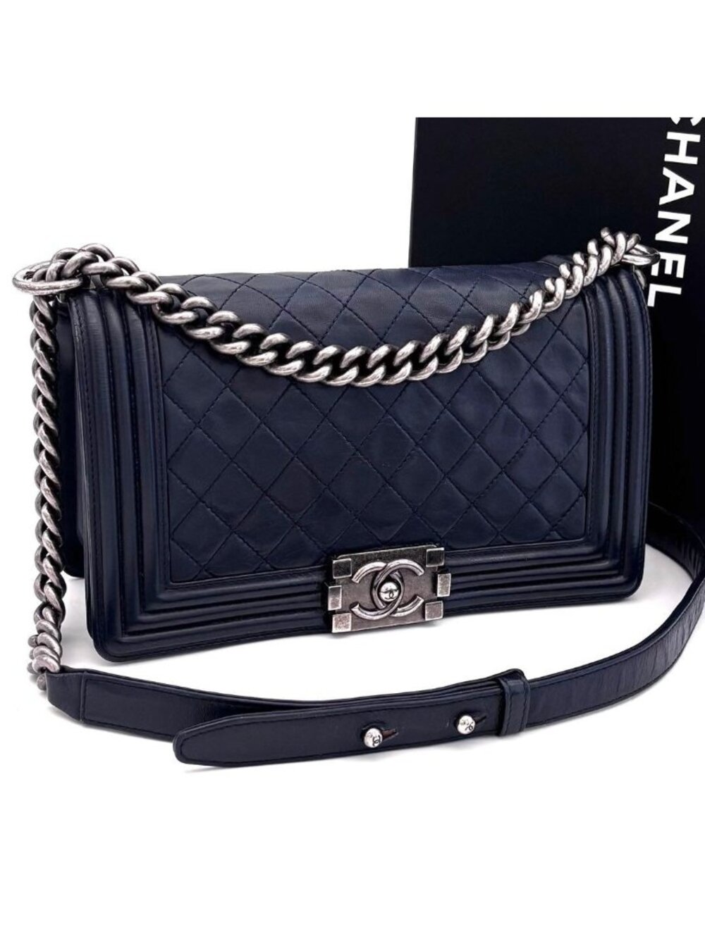 Chanel Boy Quilted Chain Shoulder Navy Lambskin